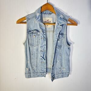 Hollister Distressed 100% Cotton Denim Vest Size XS Boho Western